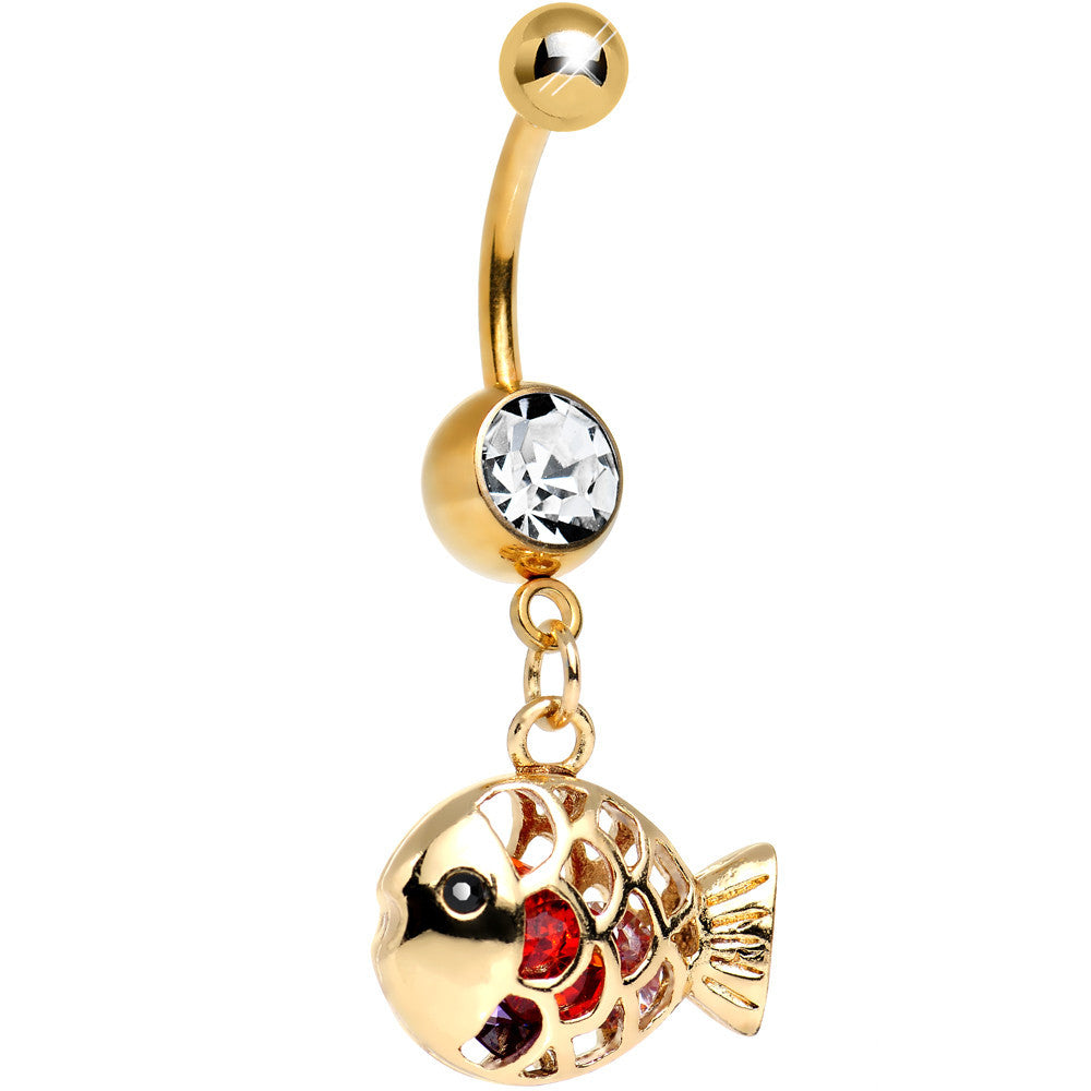 Multi Cubic Zirconia Gold Plated Glamorous Goldfish Dangle Belly Ring