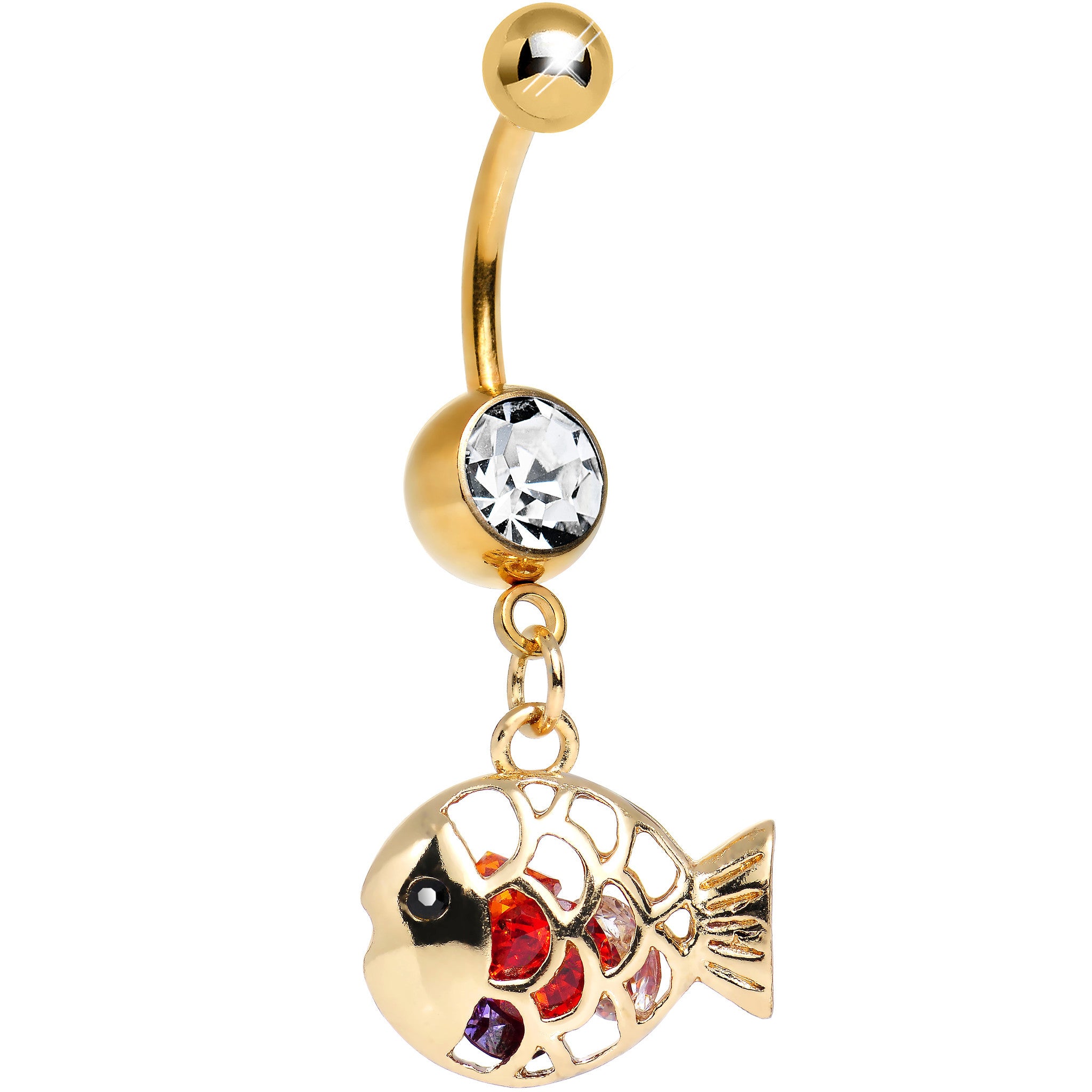 Multi Cubic Zirconia Gold Plated Glamorous Goldfish Dangle Belly Ring