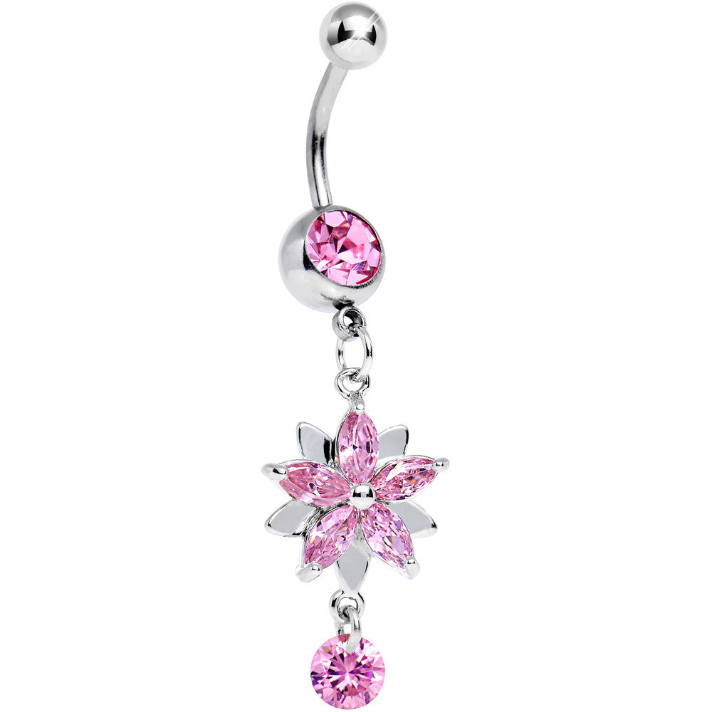 Pink Gem Dimensional Flower Petal Dangle Belly Ring