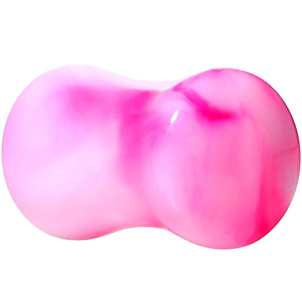 Acrylic Pink and White Marbled Saddle Plug 6 Gauge to 1 Inch