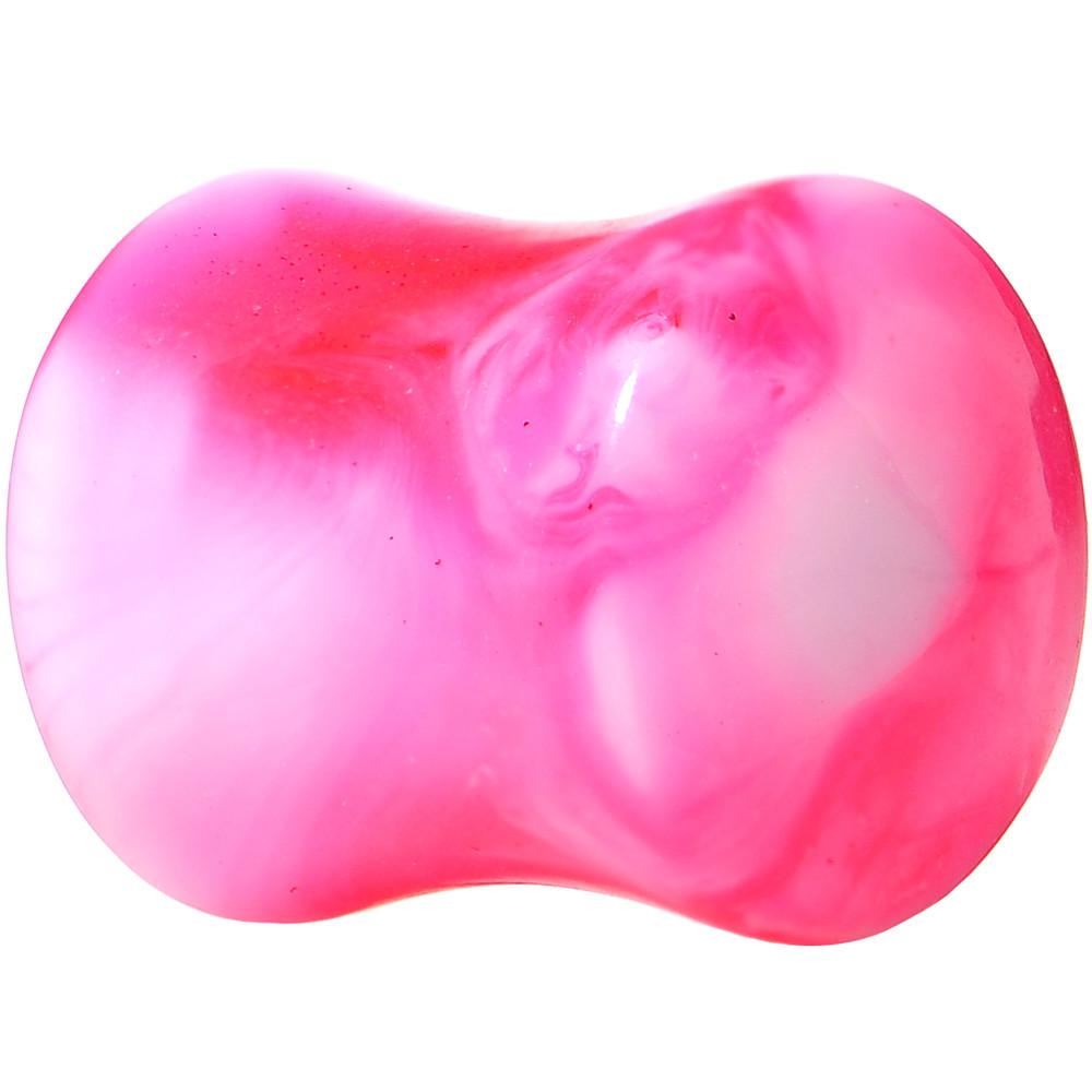 Acrylic Pink and White Marbled Saddle Plug 6 Gauge to 1 Inch