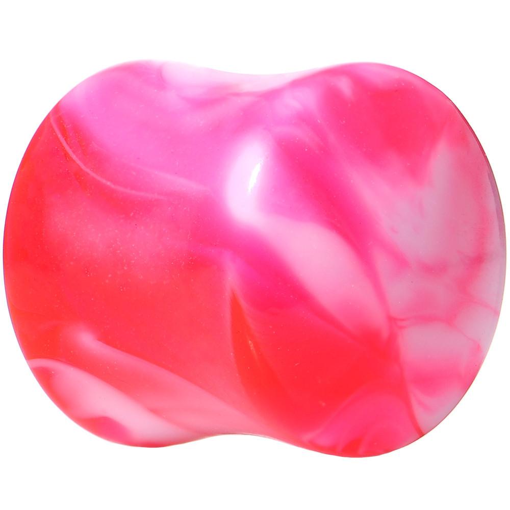 Acrylic Pink and White Marbled Saddle Plug 6 Gauge to 1 Inch