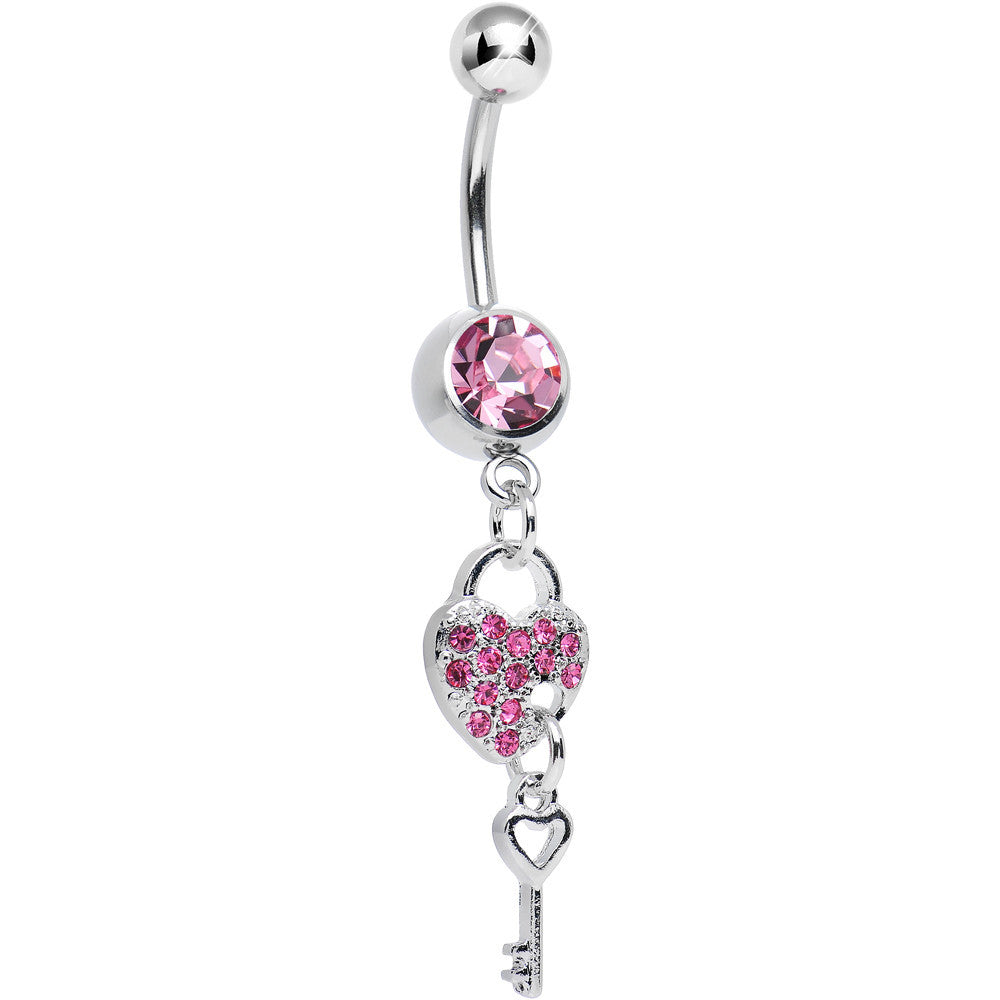 Pink Crystal Unlocking Love Padlock and Key Dangle Belly Ring