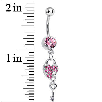 Pink Crystal Unlocking Love Padlock and Key Dangle Belly Ring