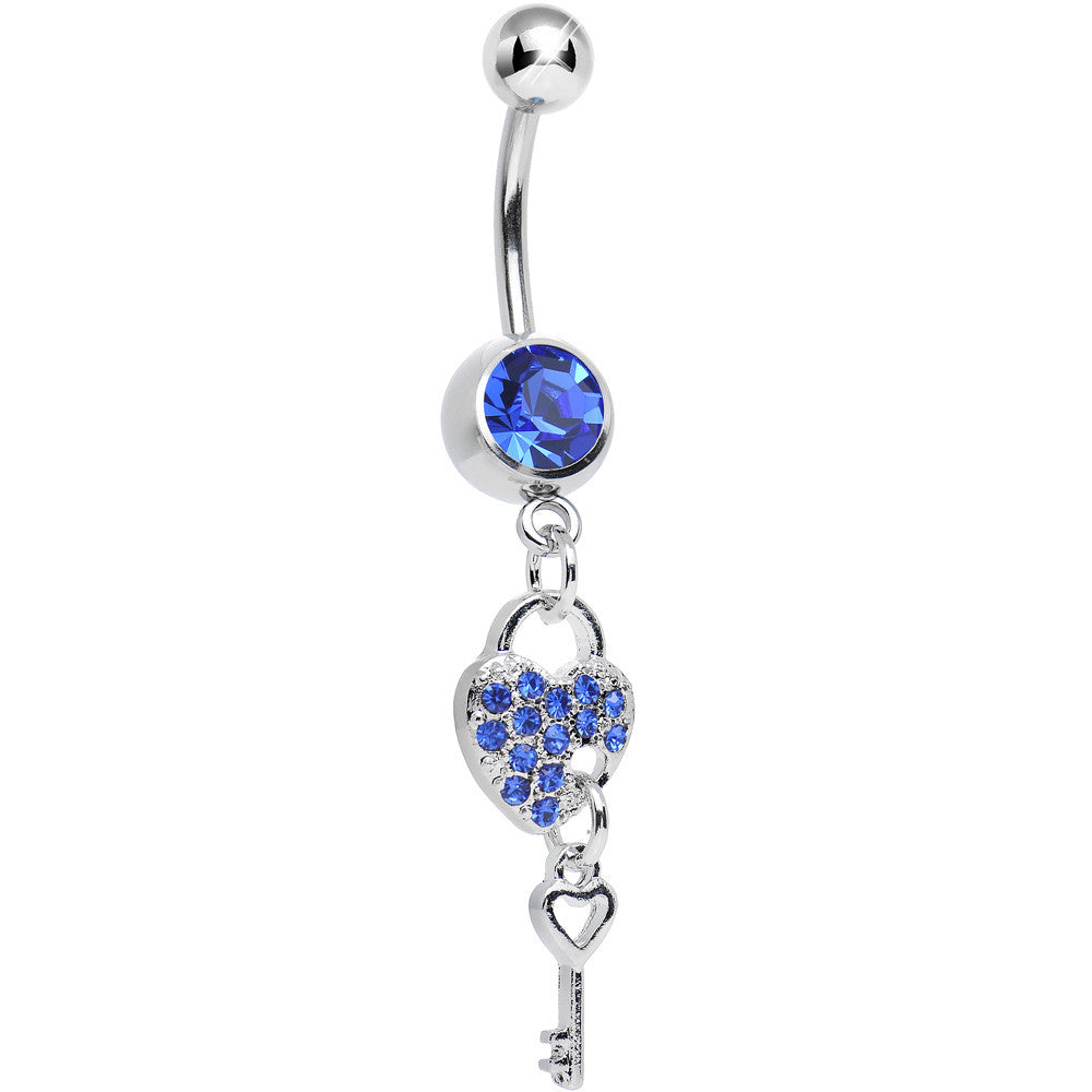 Blue Crystal Unlocking Love Padlock and Key Dangle Belly Ring