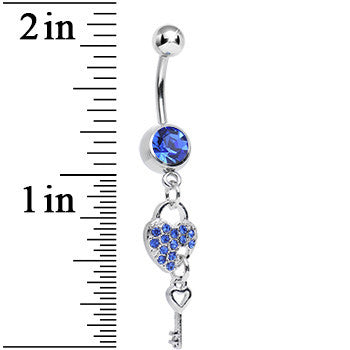 Blue Crystal Unlocking Love Padlock and Key Dangle Belly Ring