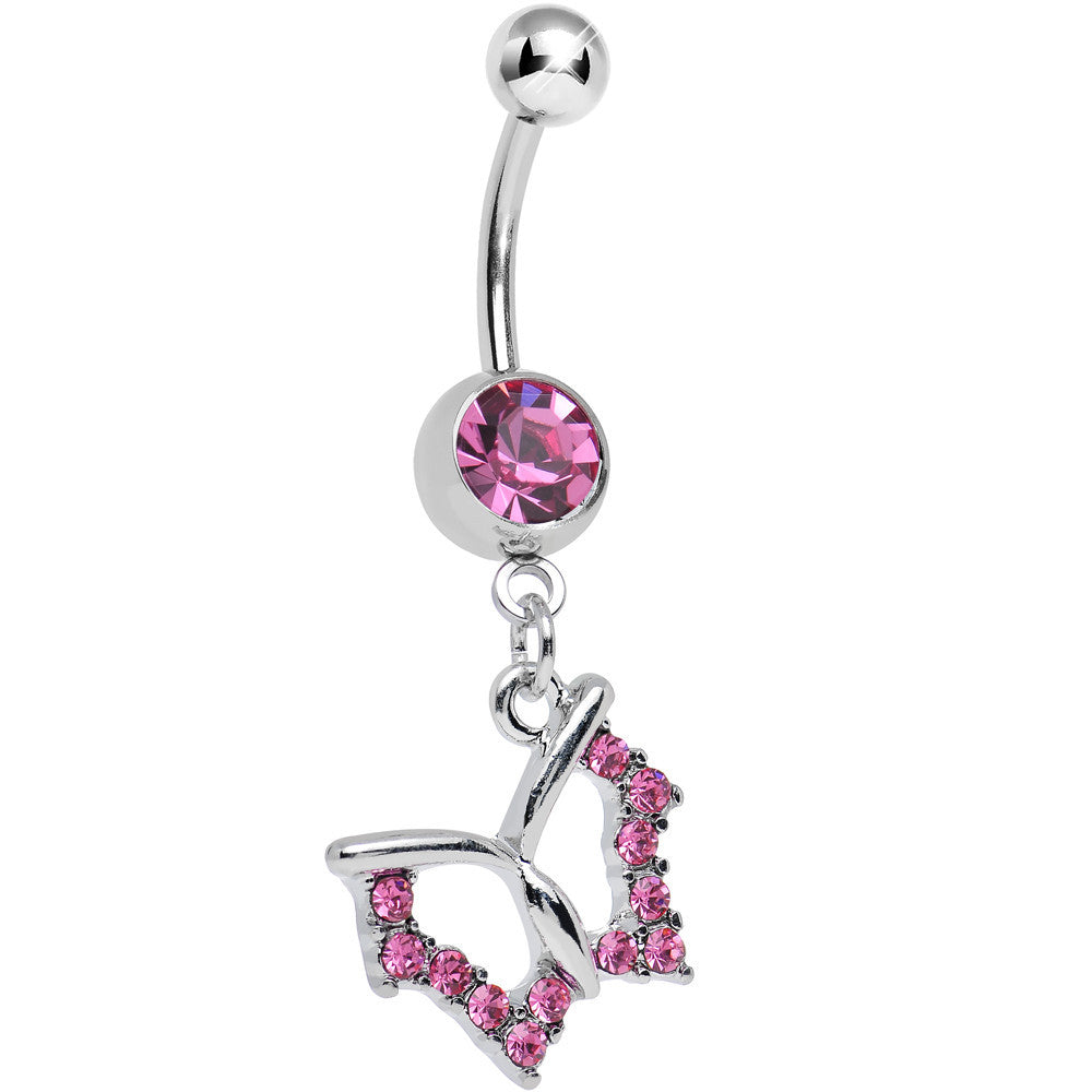 Pink Crystal Open Wing Graceful Butterfly Dangle Belly Ring