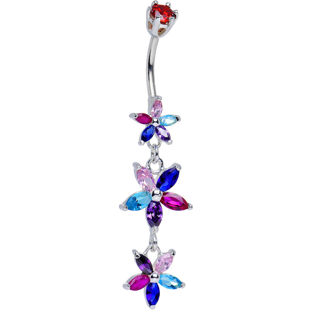 925 Sterling Silver Red Cubic Zirconia Autumn Floral Drop Belly Ring