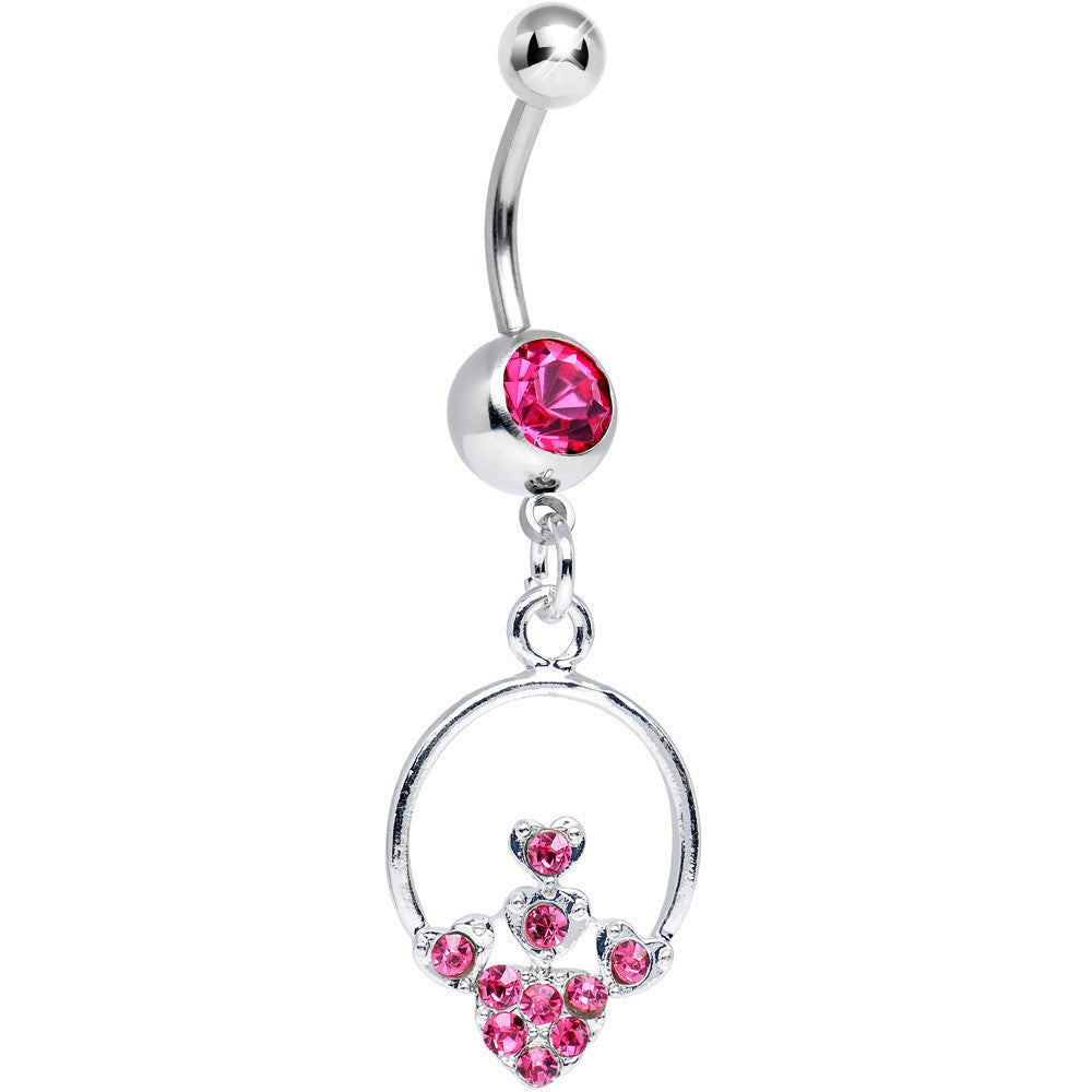 Pink Gem Hoop Encircled Hearts Dangle Belly Ring