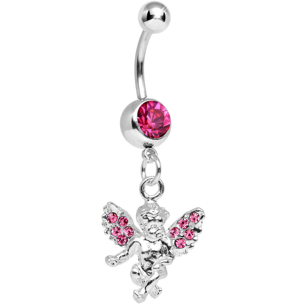 Pink Gem Thoughtful Cherub Dangle Belly Ring