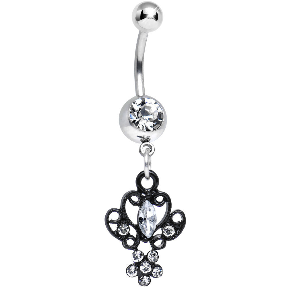 Clear Gem Black Brussels Lace and Flower Dangle Belly Ring