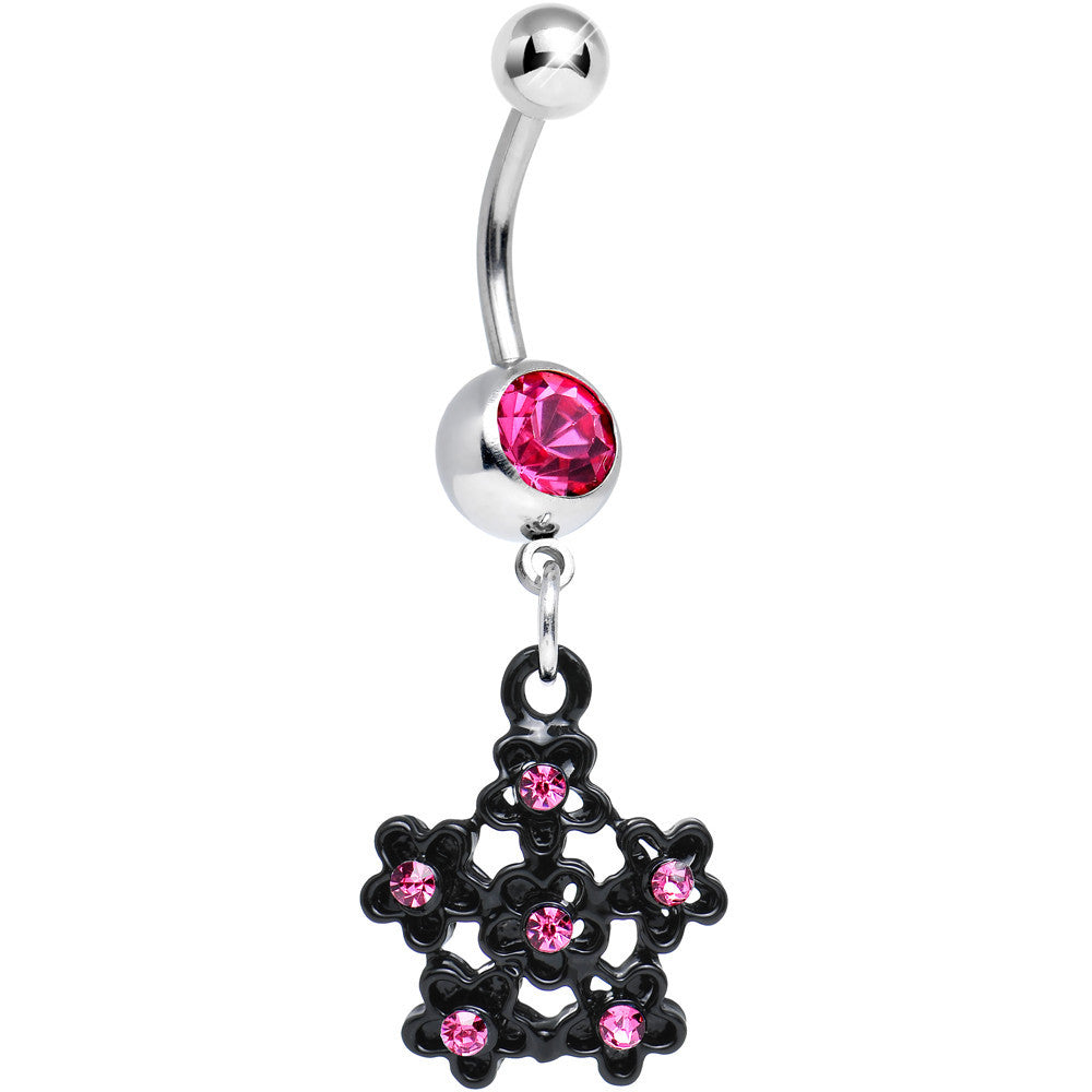 Pink Gem Flowering Dark Winter Snowflake Dangle Belly Ring