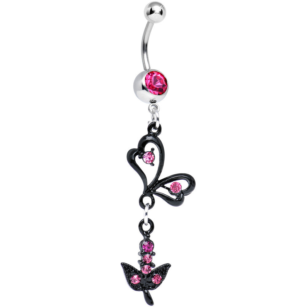 Pink Gem Dark Paradise Orchid Flower Dangle Belly Ring