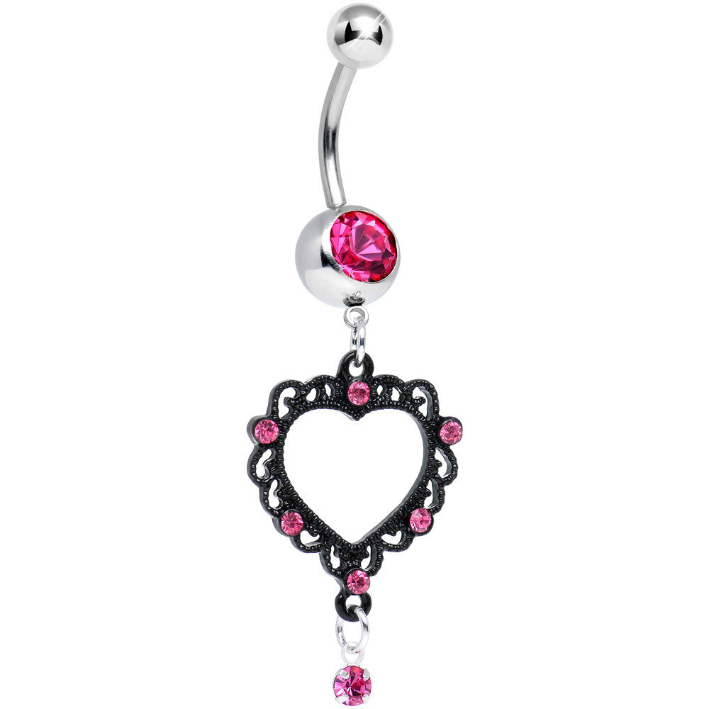 Pink Gem Dark Lace Trimmed Vintage Heart Dangle Belly Ring