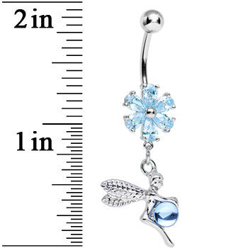 Aqua CZ Flower Topped Orb and Fairy Dangle Belly Ring