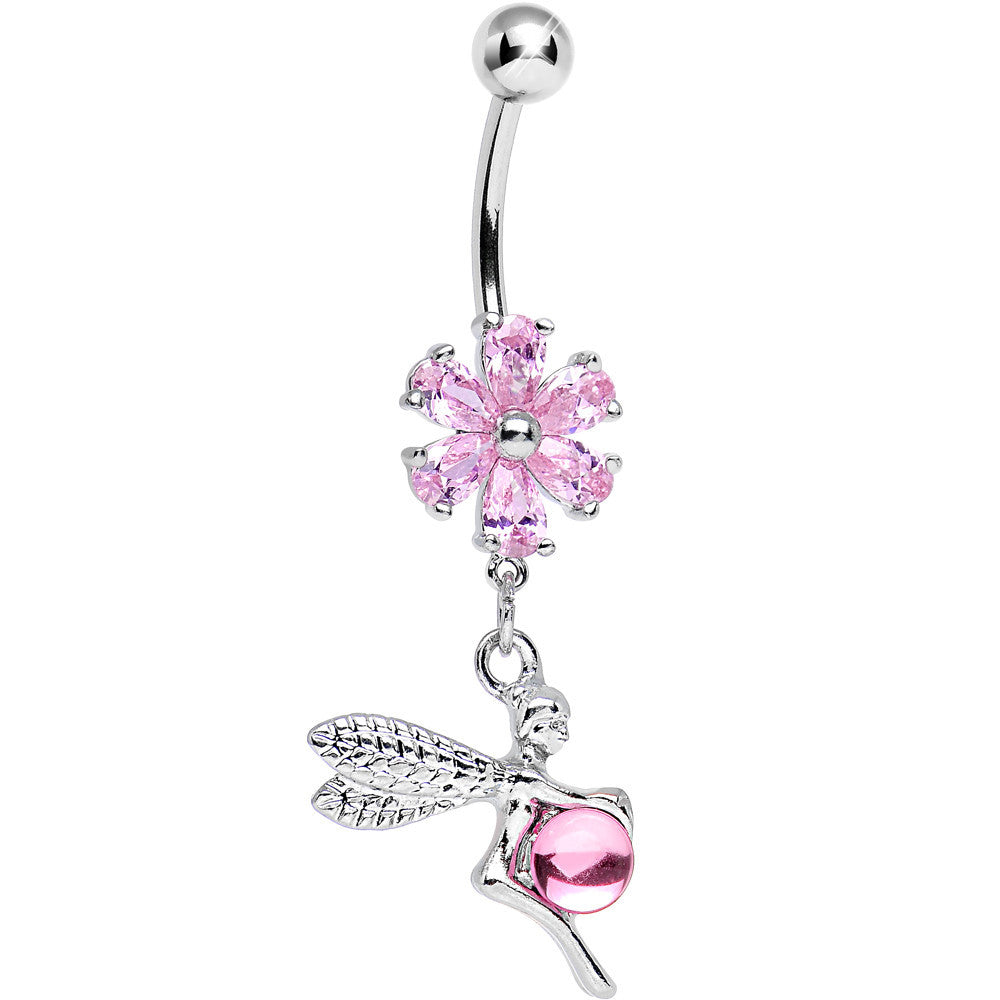 Pink CZ Flower Topped Orb and Fairy Dangle Belly Ring
