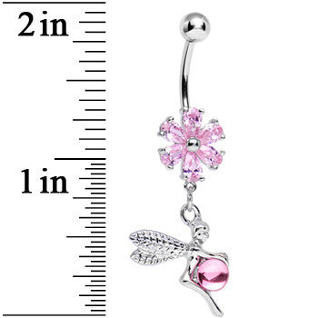 Pink CZ Flower Topped Orb and Fairy Dangle Belly Ring