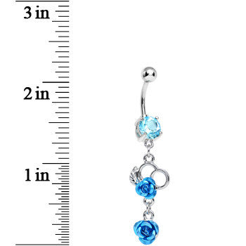 Aqua Gem Blue Metallic Morning Rose Flower Dangle Belly Ring