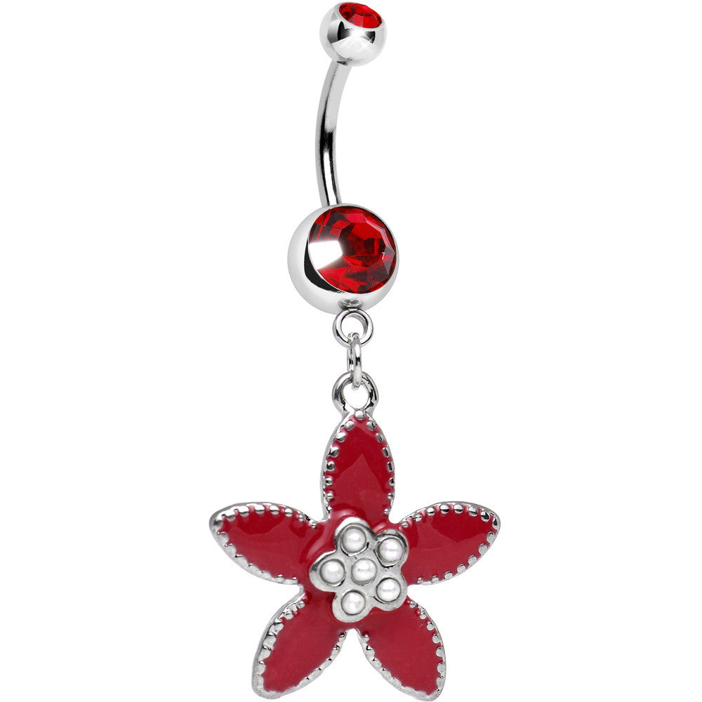 Red CZ Pearly Center Velvet Leaf Flower Dangle Belly Ring