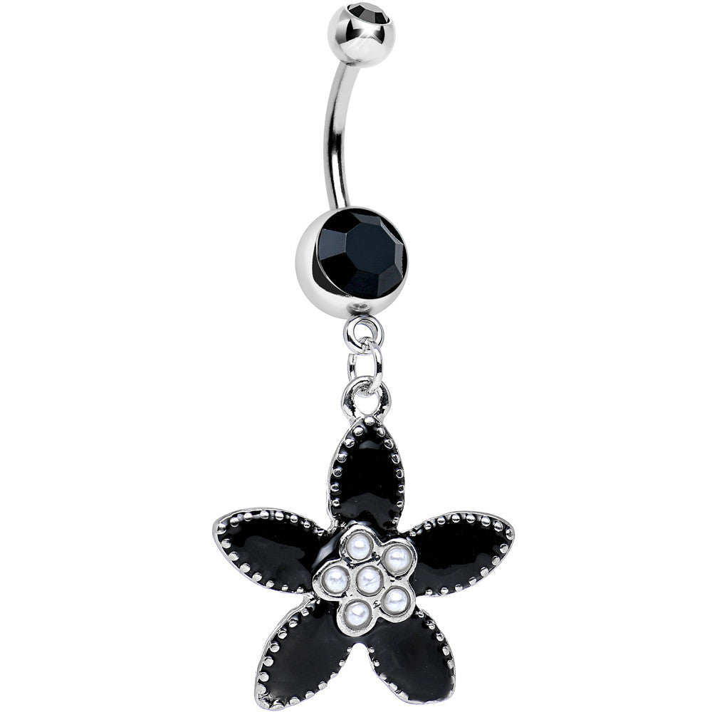 Black CZ Pearly Center Velvet Leaf Flower Dangle Belly Ring