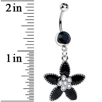 Black CZ Pearly Center Velvet Leaf Flower Dangle Belly Ring