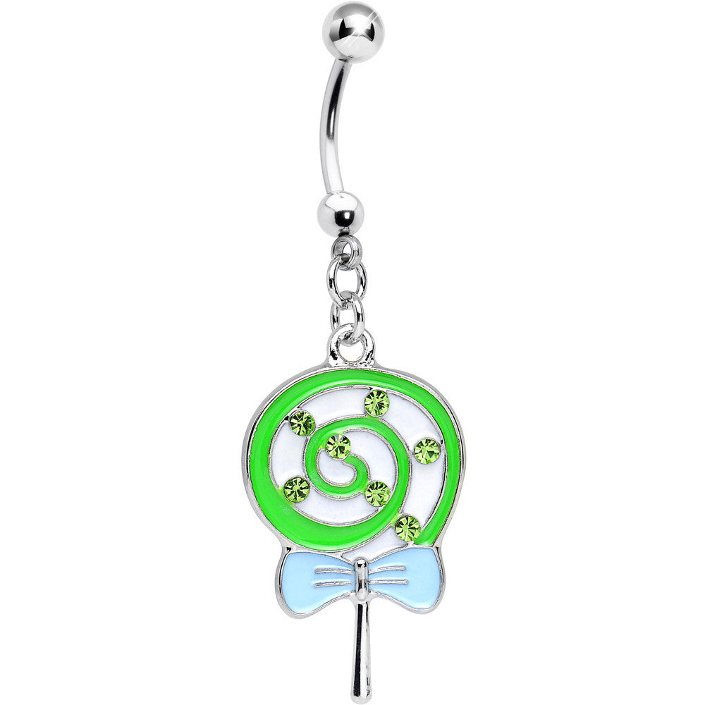 Green Gem and Green Swirled Bow Wrapped Lollipop Dangle Belly Ring