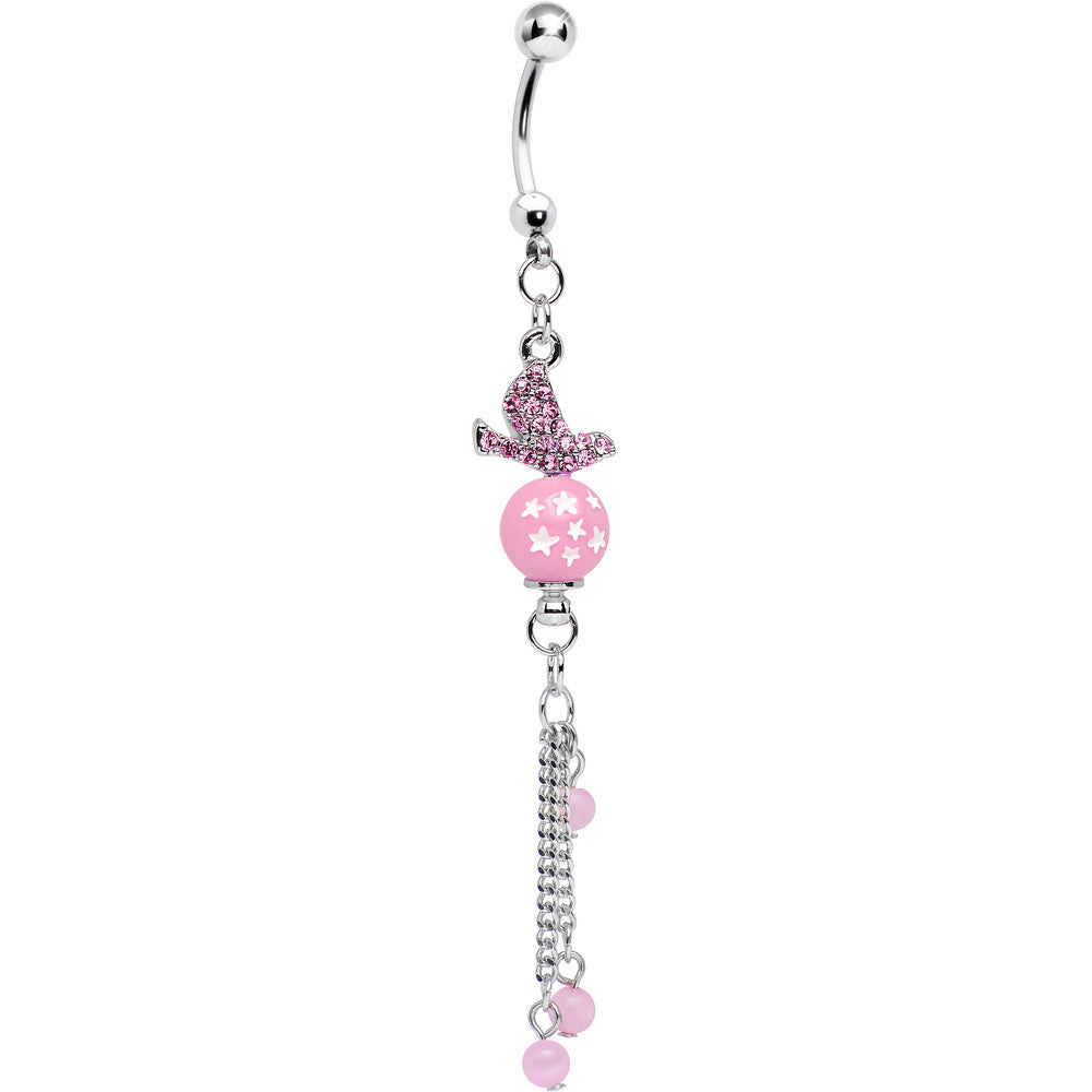 Pink Gem Flying Dove of Life and Stars Dangle Belly Ring