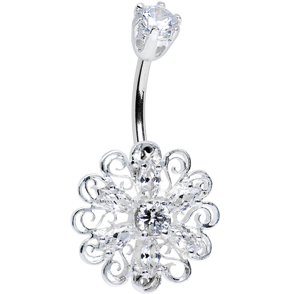 925 Sterling Silver Clear CZ Kaleidoscope Flower Belly Ring