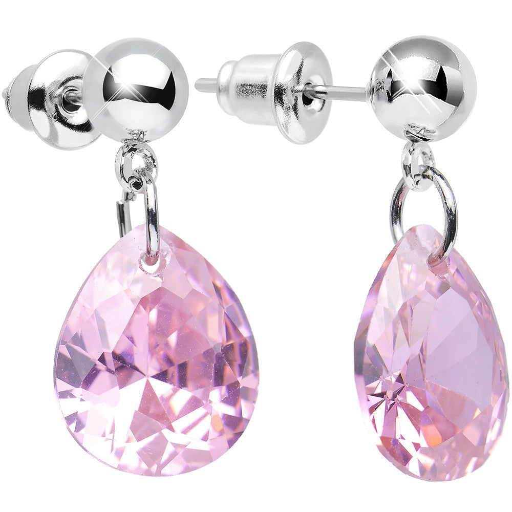 Pink Cubic Zirconia Warm Springtime Raindrop Dangle Post Earrings