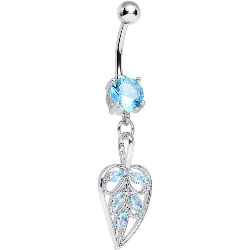 Aqua Cubic Zirconia Bright Botanical Leaf Dangle Belly Ring