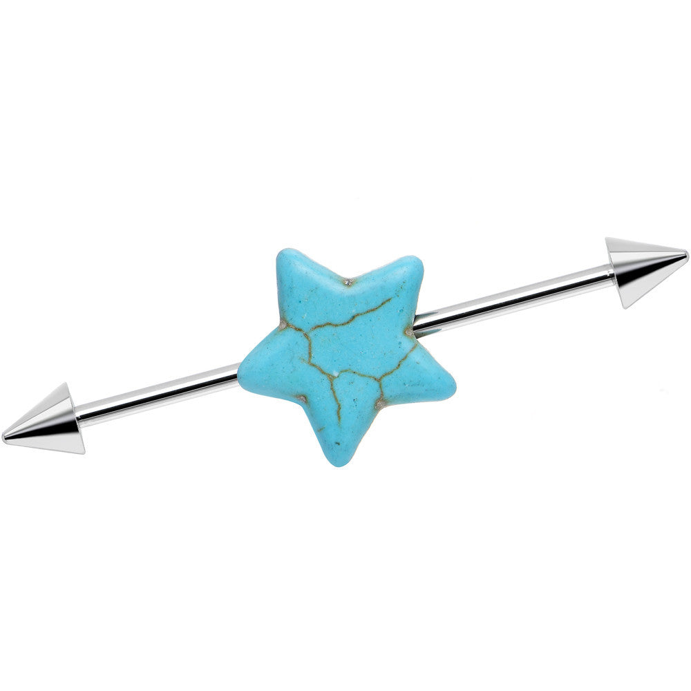 14 Gauge Faux Turquoise Impaled Star Spike Industrial Barbell 38mm