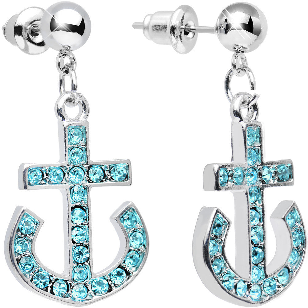 Aqua Gem First Mate Nautical Anchor Post Dangle Earrings