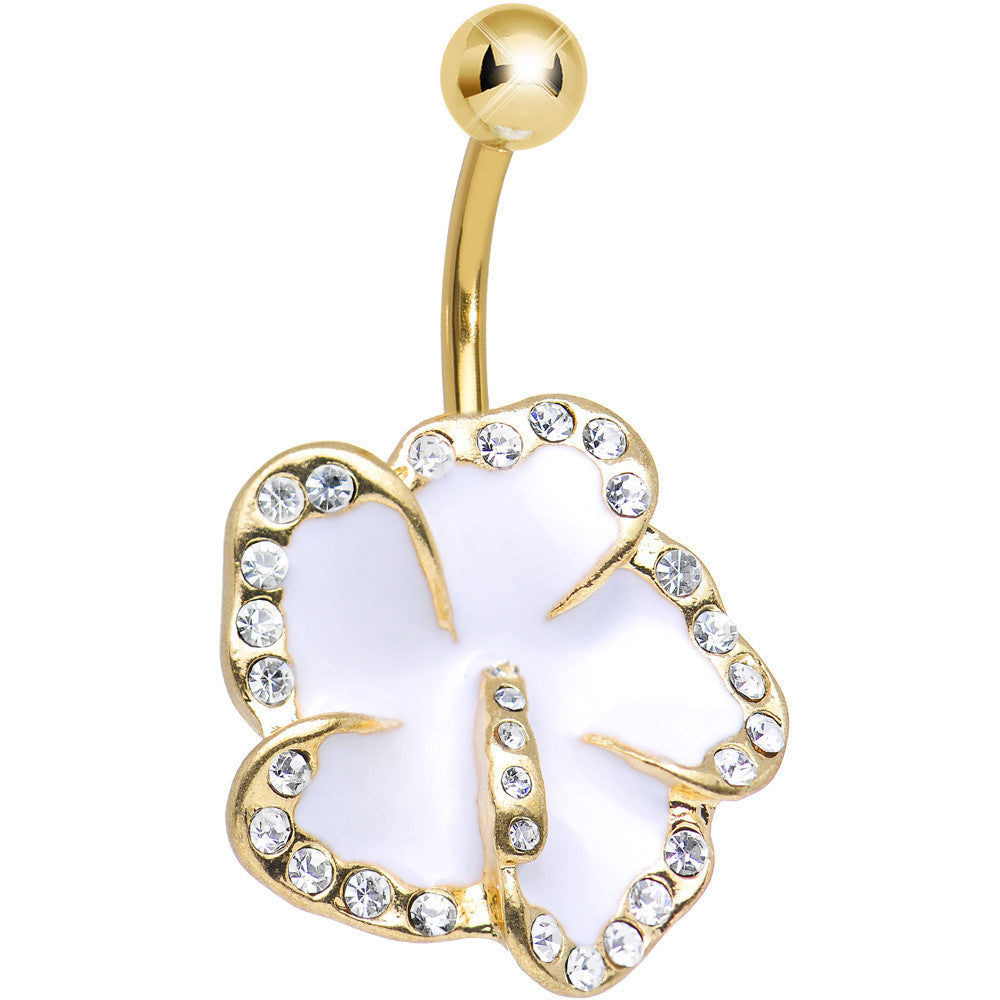 Clear Crystal Gold Plated White Impatient Flower Belly Ring