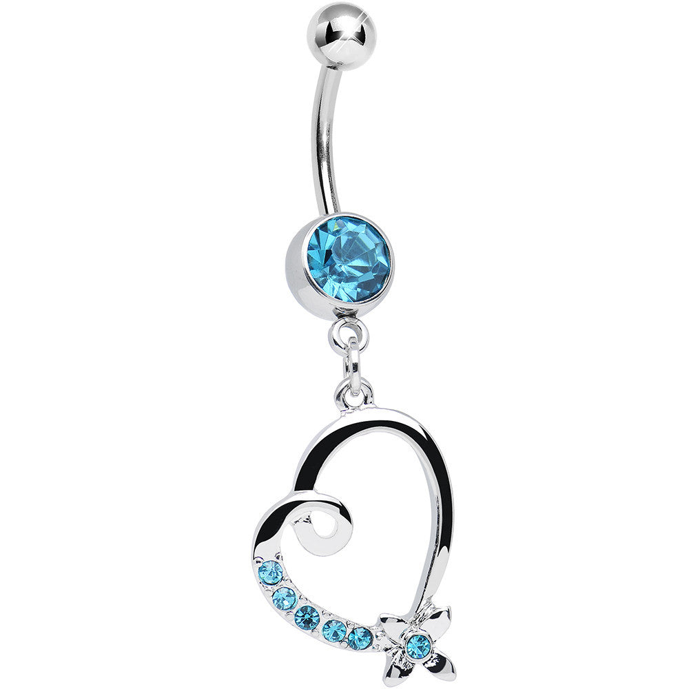 Aqua Crystal Flower and Twisting Heart Dangle Belly Ring