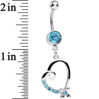 Aqua Crystal Flower and Twisting Heart Dangle Belly Ring