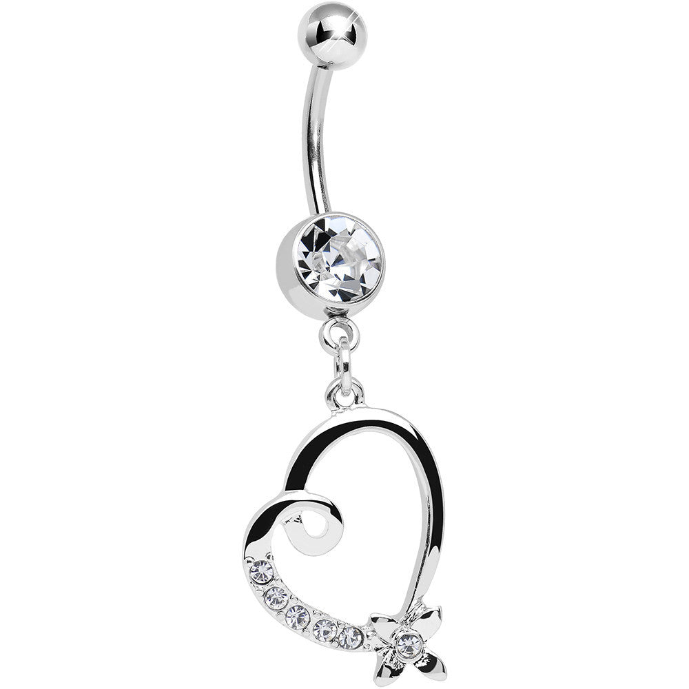 Clear Crystal Flower and Twisting Heart Dangle Belly Ring