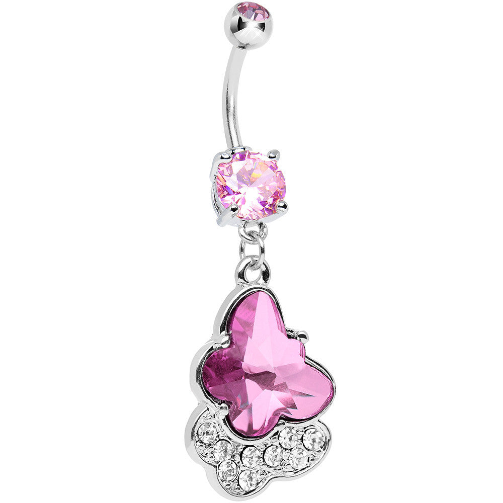 Pink Cubic Zirconia Double Layered Butterfly Dangle Belly Ring