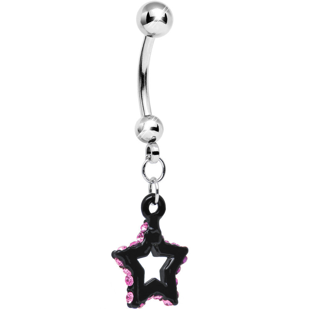 Pink Gem Sparkling Outline Stripe Black Star Dangle Belly Ring