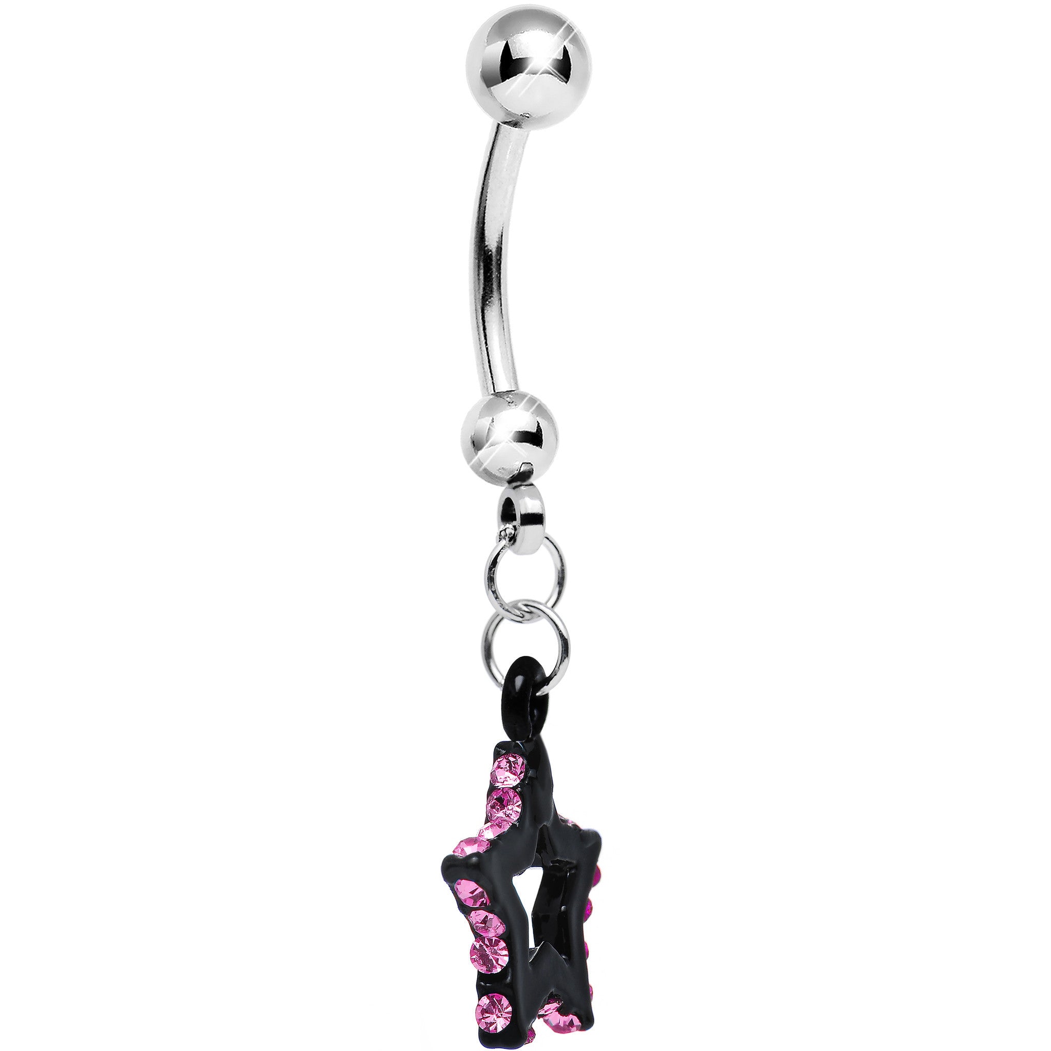 Pink Gem Sparkling Outline Stripe Black Star Dangle Belly Ring