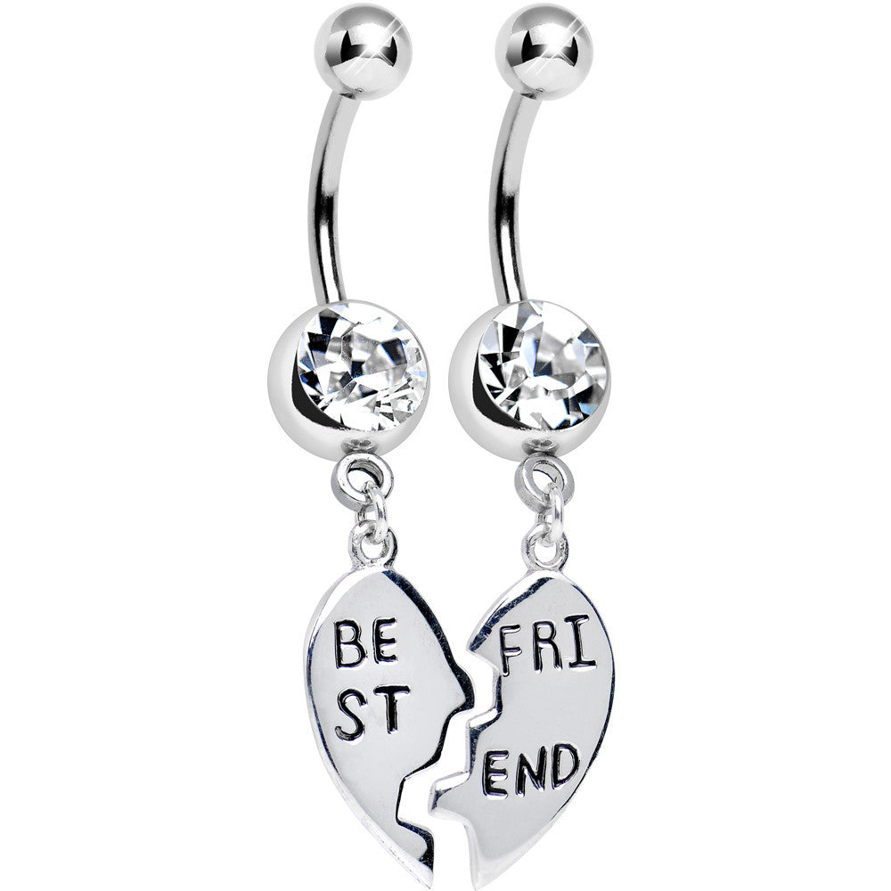 Clear Gem Shared Heart Best Friend Heart Dangle Belly Ring Set