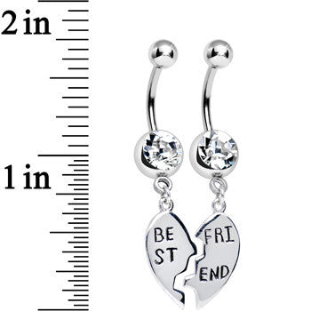 Clear Gem Shared Heart Best Friend Heart Dangle Belly Ring Set