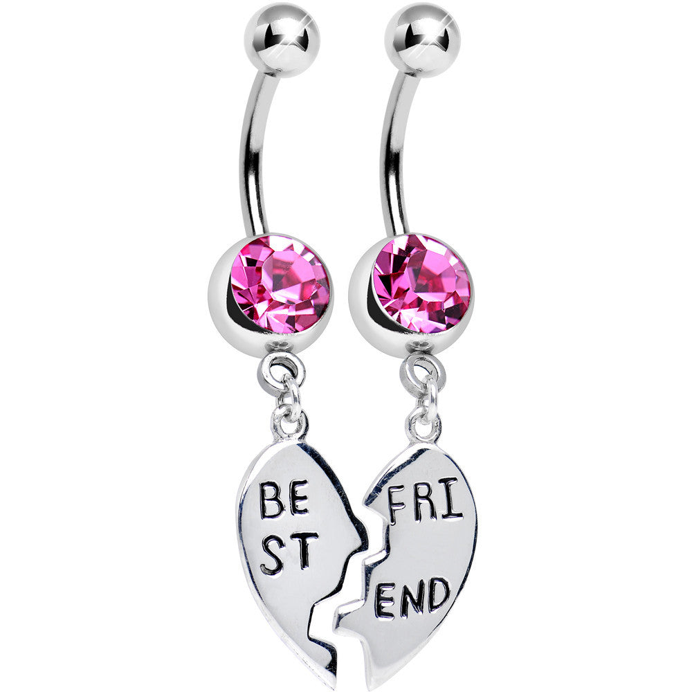 Pink Gem Shared Heart Best Friend Heart Dangle Belly Ring Set