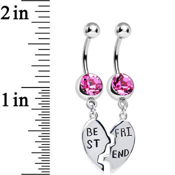 Pink Gem Shared Heart Best Friend Heart Dangle Belly Ring Set