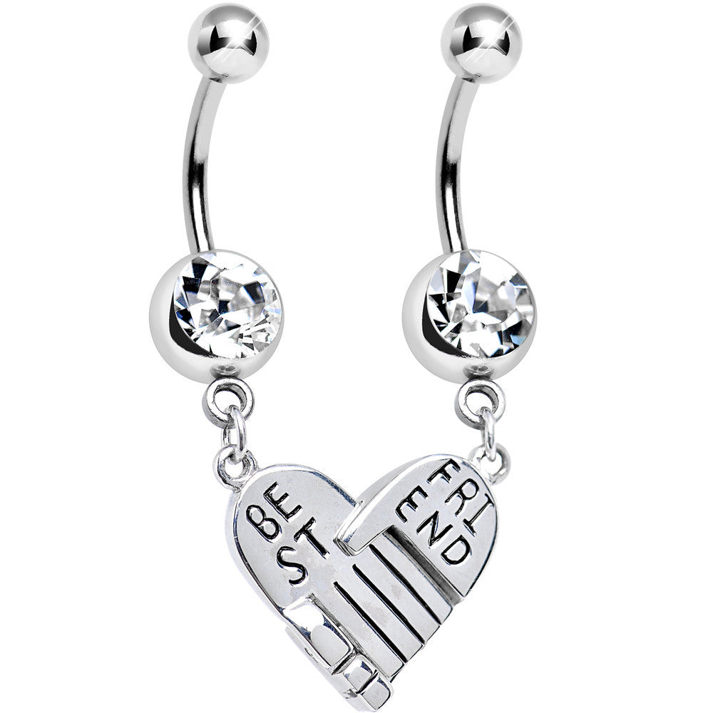 Clear Gem Holding Hands Best Friend Heart Dangle Belly Ring Set