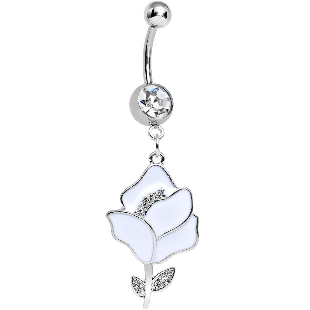 Clear Gem Stainless Steel White Opera Flower Dangle Belly Ring