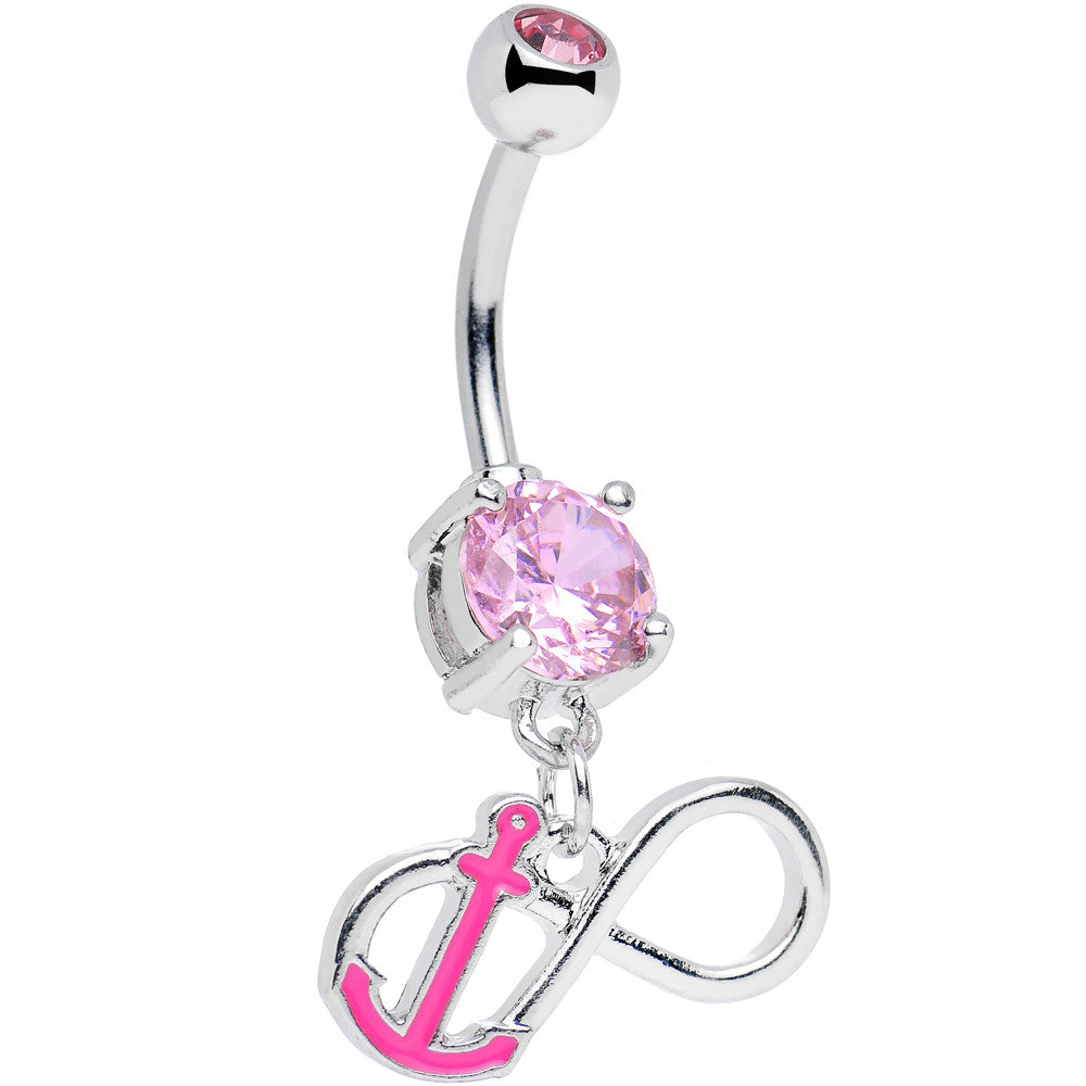 Pink Double Cubic Zirconia Captain Anchor Infinity Dangle Belly Ring