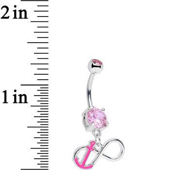 Pink Double Cubic Zirconia Captain Anchor Infinity Dangle Belly Ring