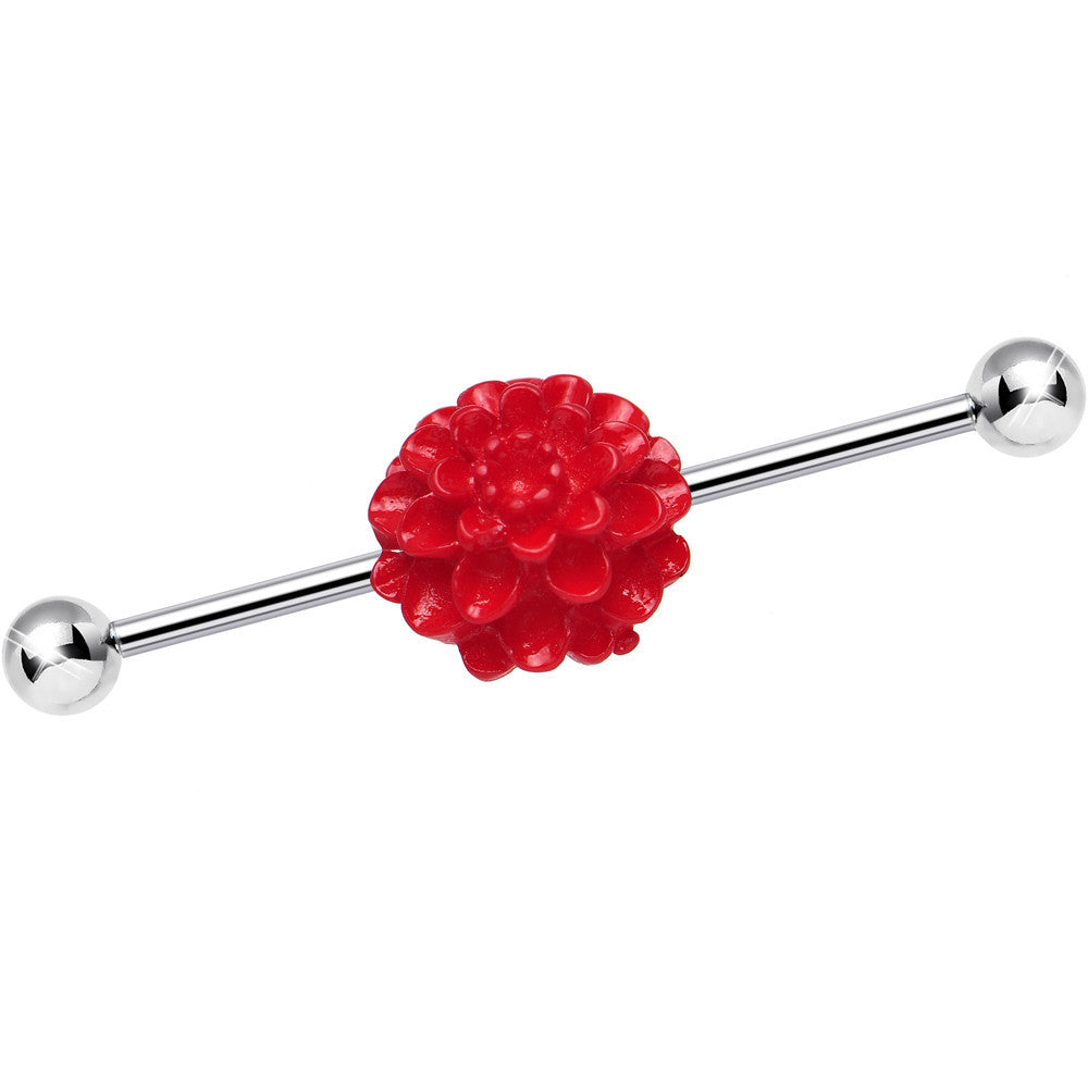 14 Gauge Red Blooming Carnation Flower Industrial Barbell 36mm