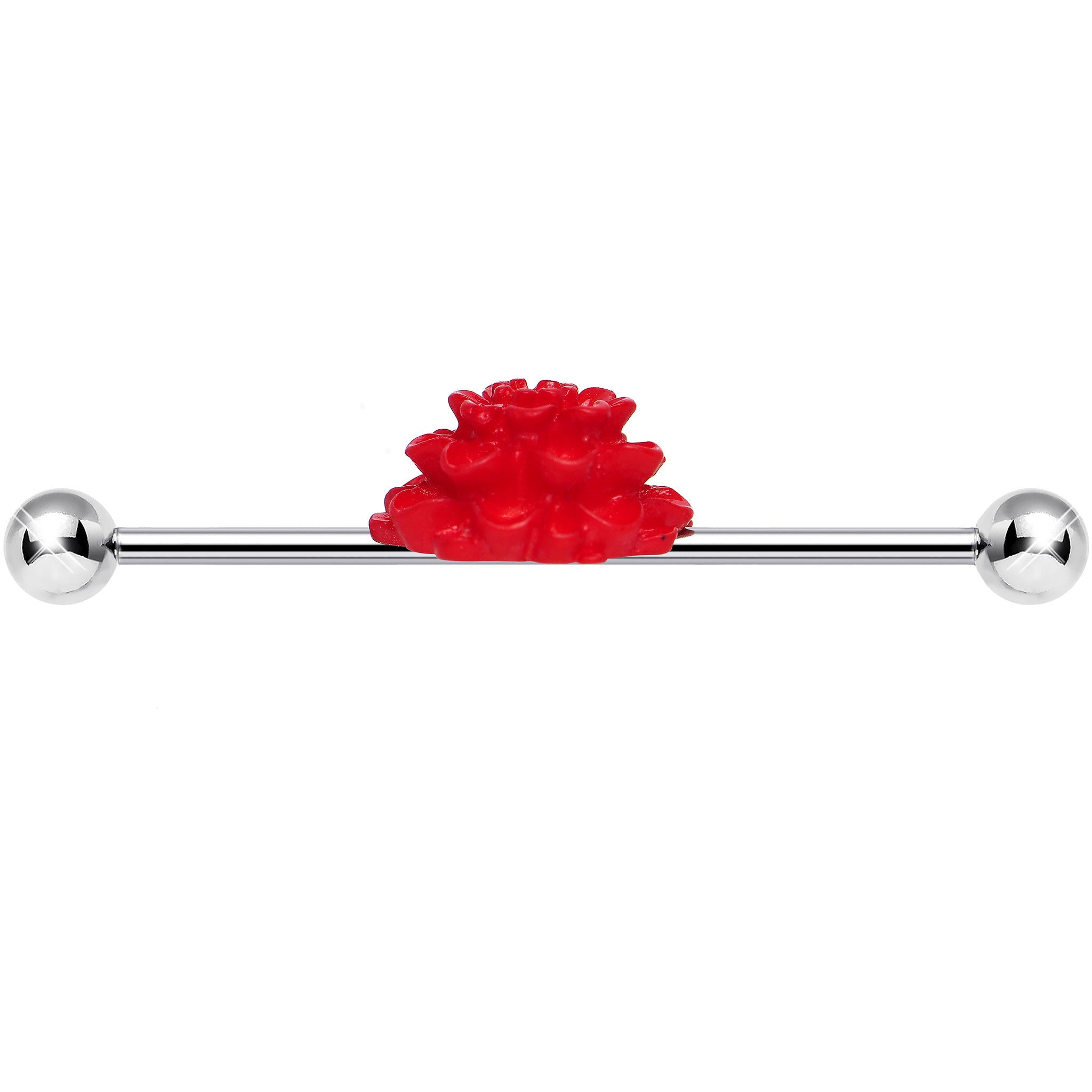 14 Gauge Red Blooming Carnation Flower Industrial Barbell 36mm