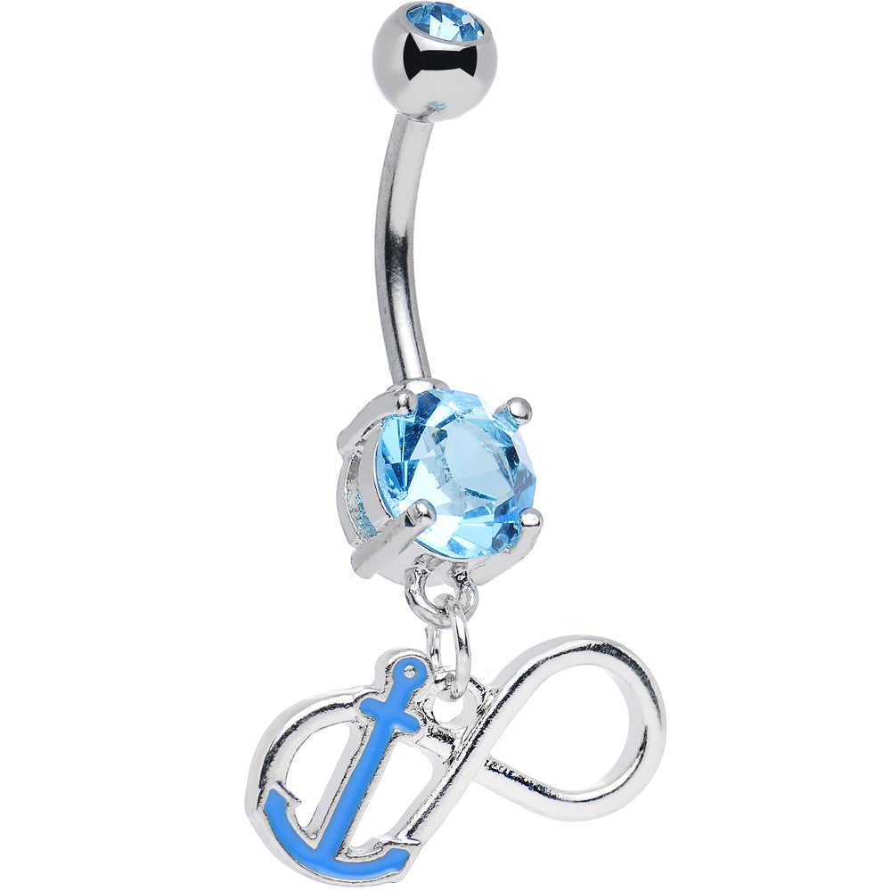 Aqua Double Cubic Zirconia Captain Anchor Infinity Dangle Belly Ring